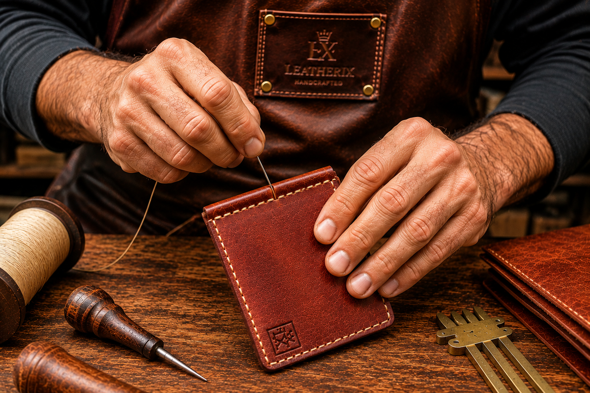Leather artisan hand stitching a premium leather wallet